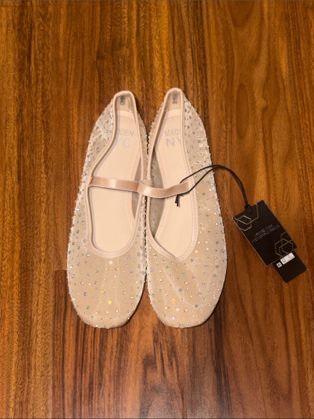 MADI NYC Beige Crystal-Embellished Mary Jane Flats